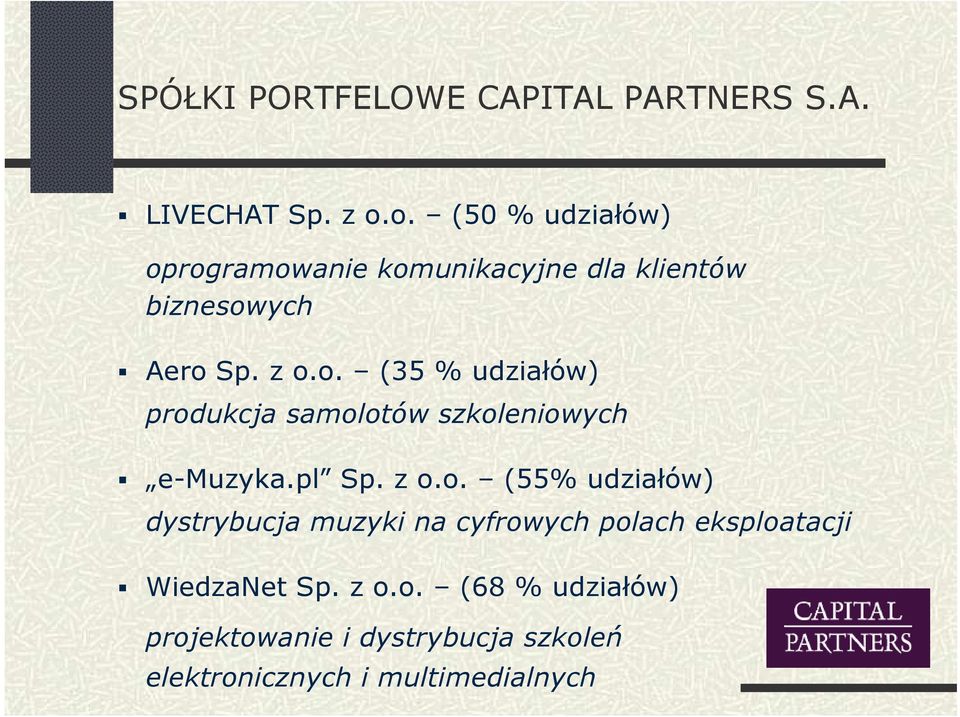 pl Sp. z o.o. (55% udziałów) dystrybucja muzyki na cyfrowych polach eksploatacji WiedzaNet Sp.