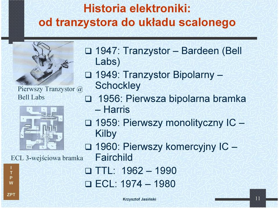 Bipolarny Schockley 1956: ierwsza bipolarna bramka Harris 1959: ierwszy monolityczny