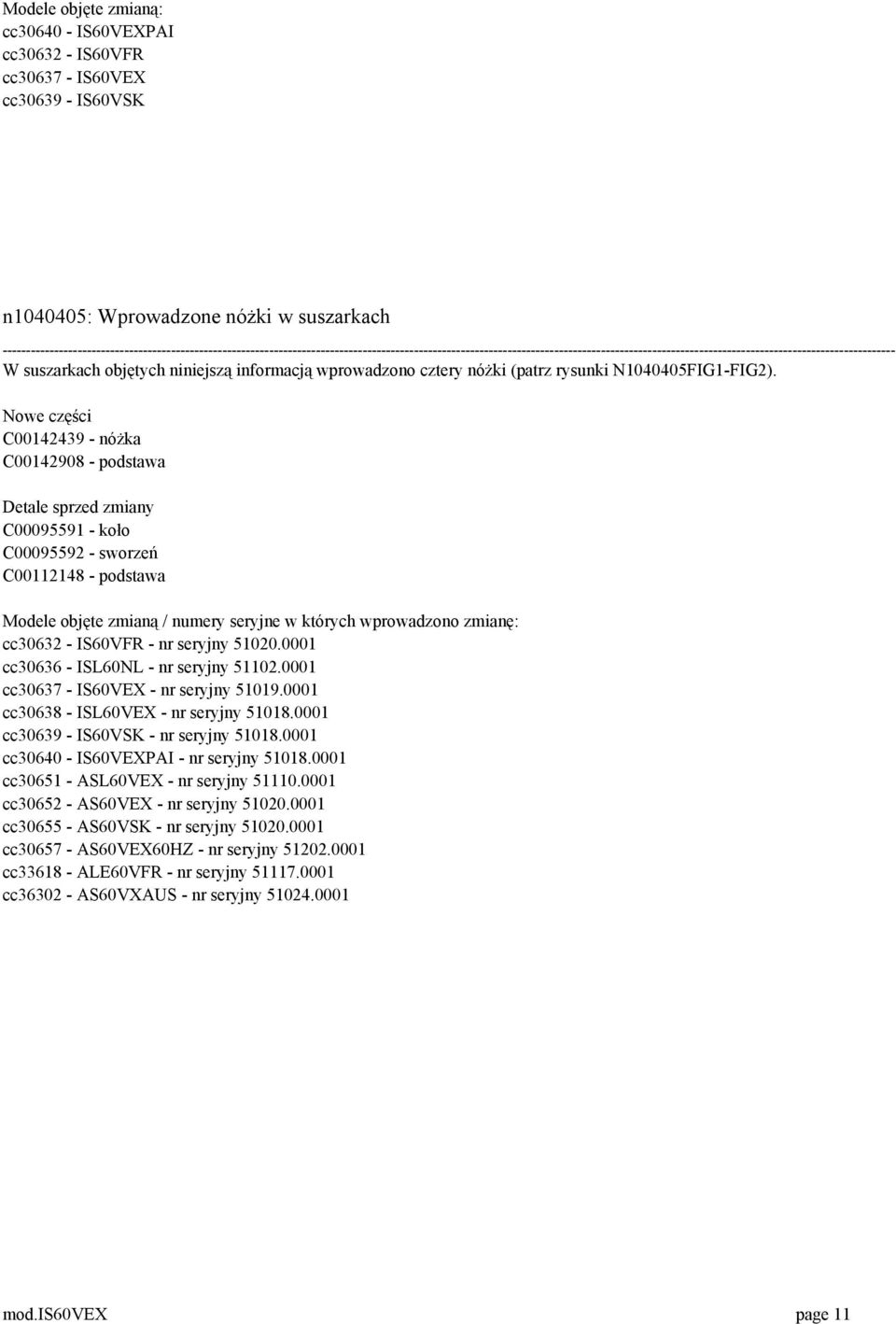 suszarkach objętych niniejszą informacją wprowadzono cztery nóżki (patrz rysunki N1040405FIG1-FIG2).