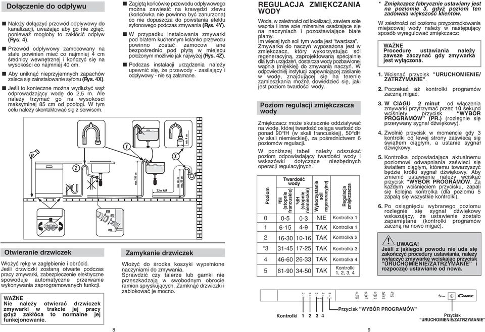 Aby uniknàç nieprzyjemnych zapachów zaleca si zainstalowanie syfonu (Rys. 4X). JeÊli to konieczne mo na wyd u yç wà odprowadzajàcy wod do 2,5 m.