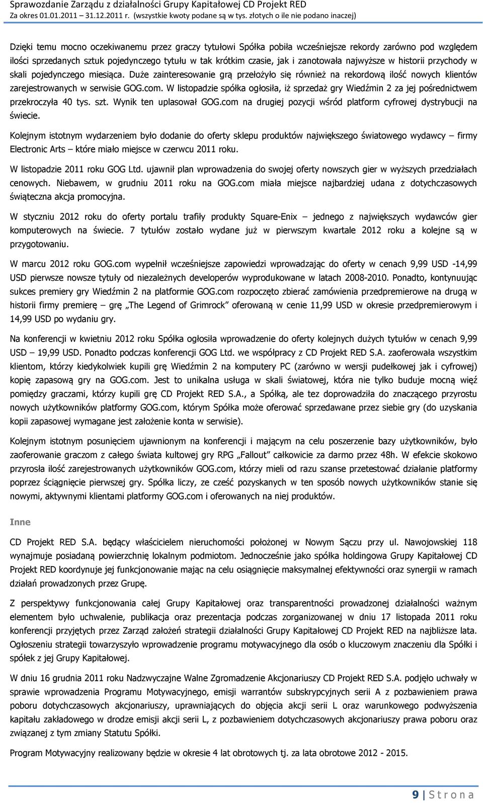 W listopadzie spółka ogłosiła, iż sprzedaż gry Wiedźmin 2 za jej pośrednictwem przekroczyła 40 tys. szt. Wynik ten uplasował GOG.com na drugiej pozycji wśród platform cyfrowej dystrybucji na świecie.