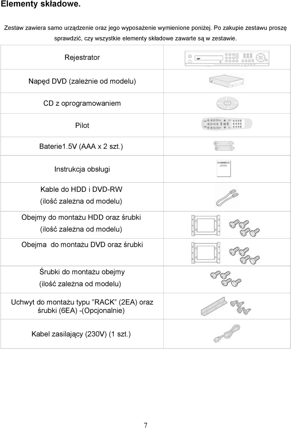 Rejestrator Napęd DVD (zależnie od modelu) CD z oprogramowaniem Pilot Baterie1.5V (AAA x 2 szt.