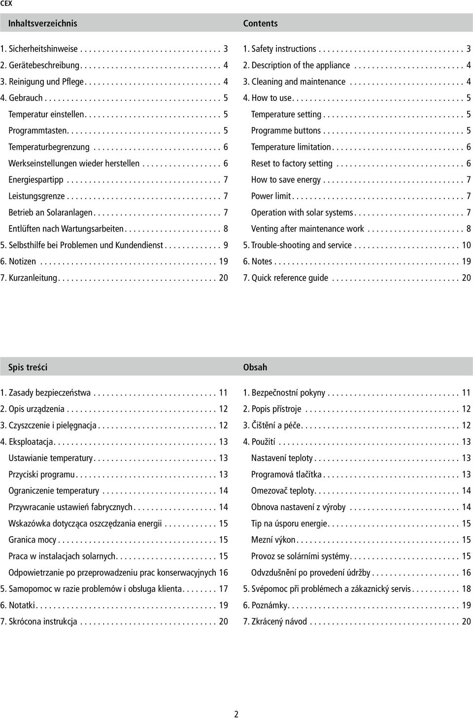 Notizen... 19 7. Kurzanleitung... 20 Contents 1. Safety instructions... 3 2. Description of the appliance... 4 3. Cleaning and maintenance... 4 4. How to use...5 Temperature setting.