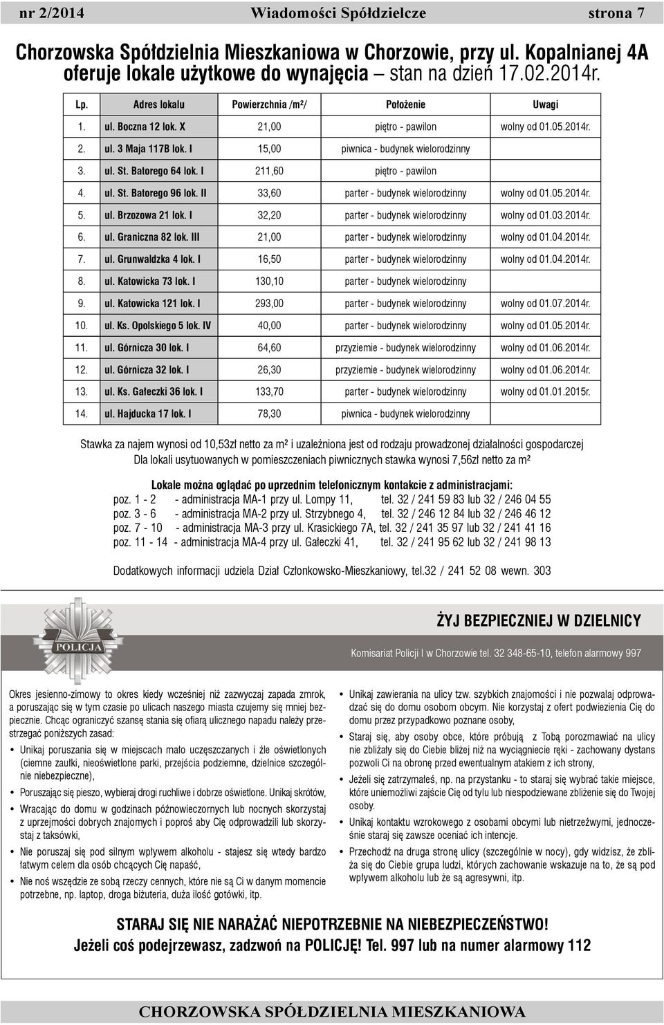 Batorego 64 lok. I 211,60 piętro - pawilon 4. ul. St. Batorego 96 lok. II 33,60 parter - budynek wielorodzinny wolny od 01.05.2014r. 5. ul. Brzozowa 21 lok.