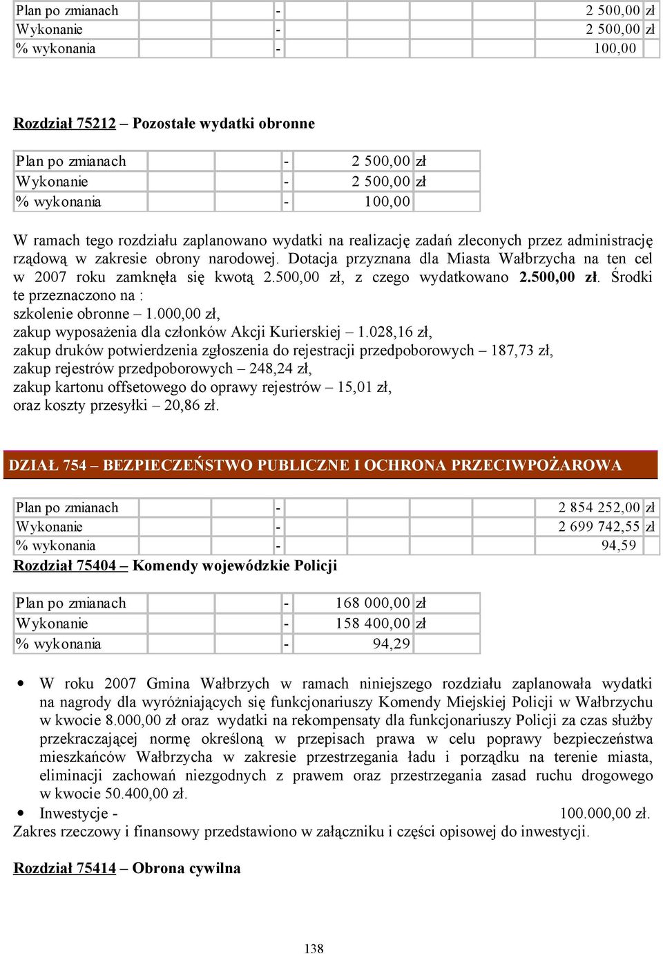 Dotacja przyznana dla Miasta Wałbrzycha na ten cel w 2007 roku zamknęła się kwotą 2.500,00 zł, z czego wydatkowano 2.500,00 zł. Środki te przeznaczono na : szkolenie obronne 1.