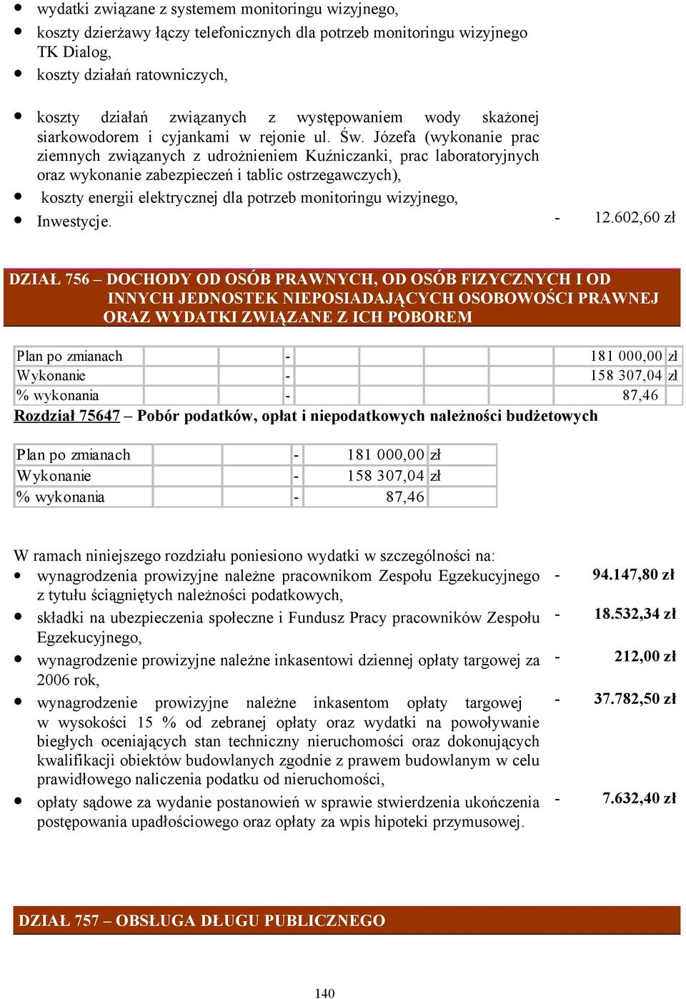 Józefa (wykonanie prac ziemnych związanych z udrożnieniem Kuźniczanki, prac laboratoryjnych oraz wykonanie zabezpieczeń i tablic ostrzegawczych), koszty energii elektrycznej dla potrzeb monitoringu