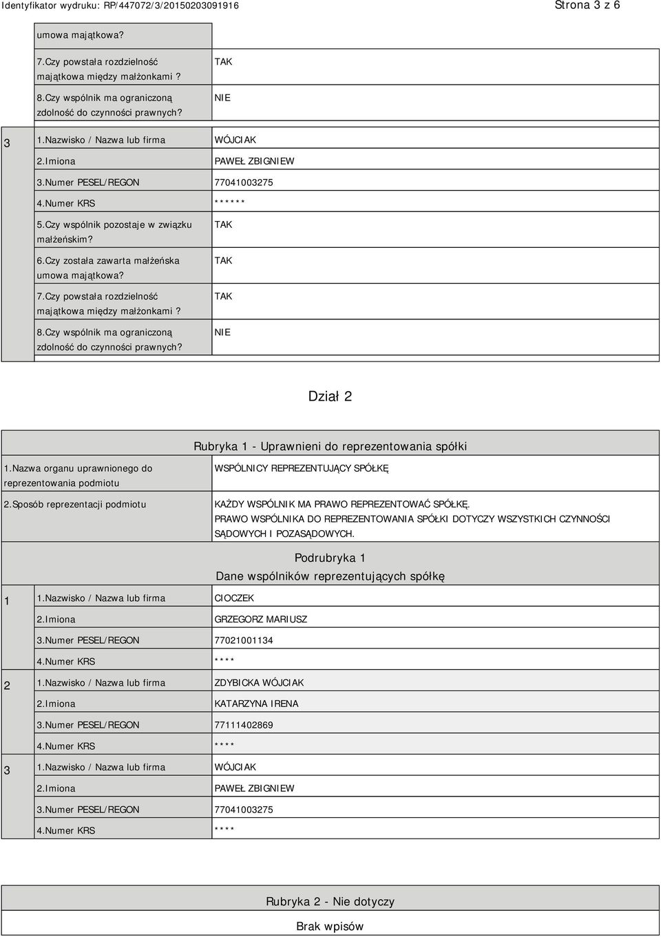 8.Czy wspólnik ma ograniczoną zdolność do czynności prawnych? Dział 2 Rubryka 1 - Uprawnieni do reprezentowania spółki 1.Nazwa organu uprawnionego do reprezentowania podmiotu 2.