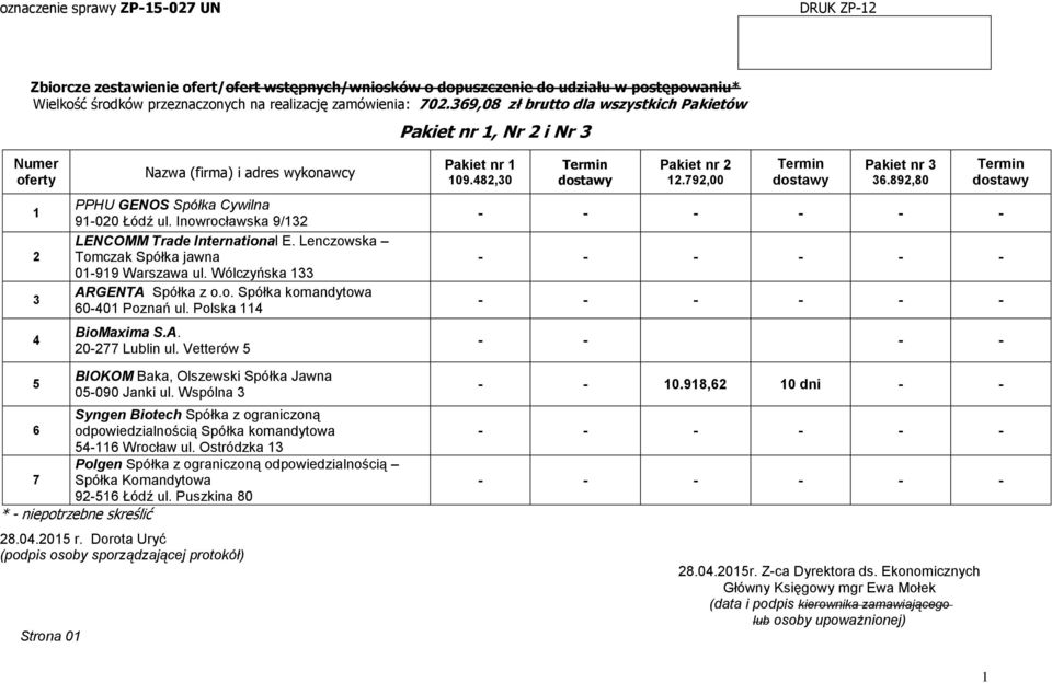 Vetterów Pakiet nr 09.,0 Pakiet nr.79,00 Pakiet nr 6.9,0 BIOKOM Baka, Olszewski Spółka Jawna 0-090 Janki ul.