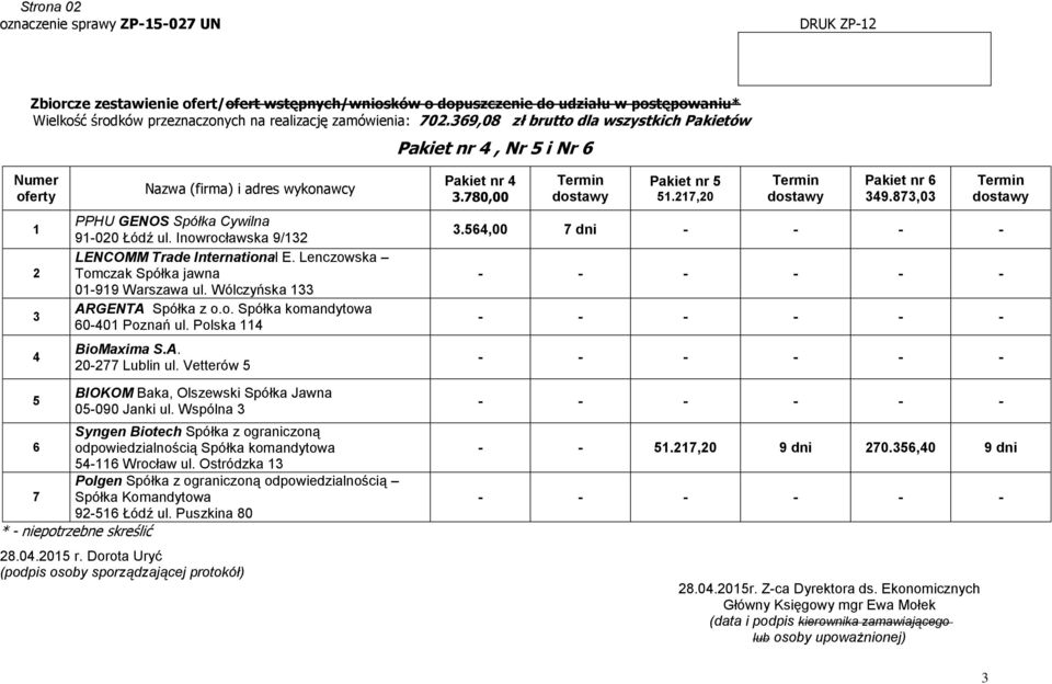 Vetterów Pakiet nr.70,00 Pakiet nr.7,0 Pakiet nr 6 9.7,0.6,00 7 dni BIOKOM Baka, Olszewski Spółka Jawna 0-090 Janki ul.