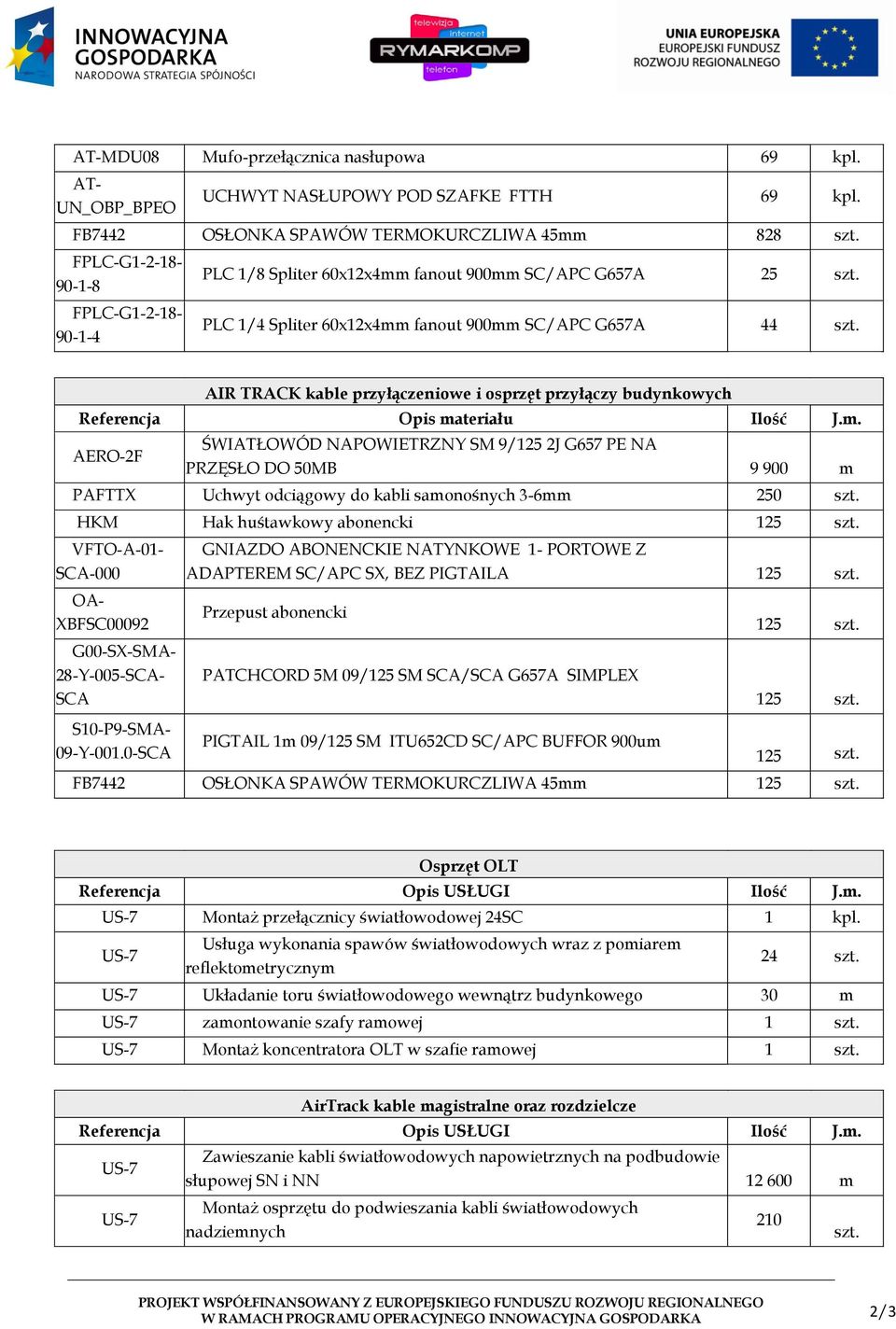 TRACK kable przyłączeniowe i osprzęt przyłączy budynkowych AERO-2F ŚWIATŁOWÓD NAPOWIETRZNY SM 9/125 2J G657 PE NA PRZĘSŁO DO 50MB 9 900 m PAFTTX Uchwyt odciągowy do kabli samonośnych 3-6mm 250 HKM