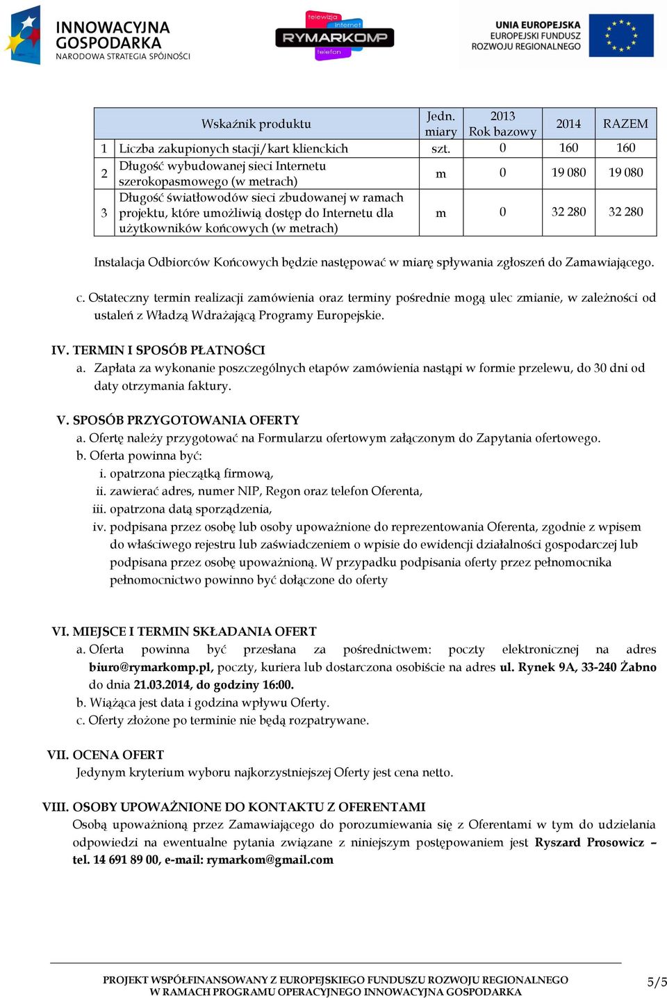 sieci zbudowanej w ramach projektu, które umożliwią dostęp do Internetu dla użytkowników końcowych (w metrach) m 0 32 280 32 280 Instalacja Odbiorców Końcowych będzie następować w miarę spływania