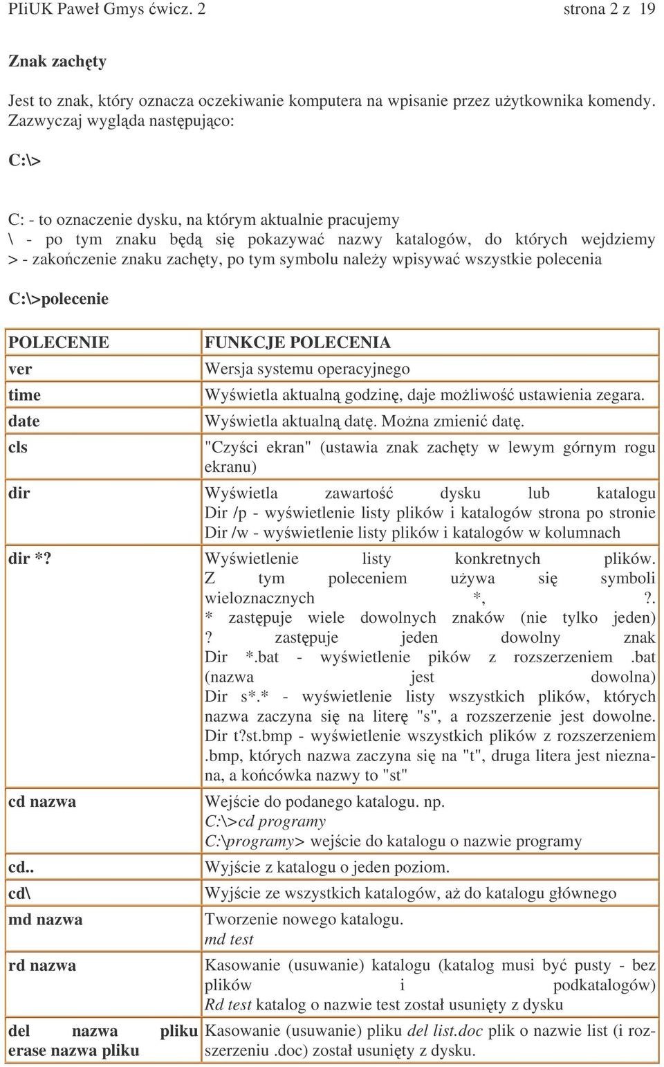 symbolu naley wpisywa wszystkie polecenia C:\>polecenie POLECENIE ver time date cls FUNKCJE POLECENIA Wersja systemu operacyjnego Wywietla aktualn godzin, daje moliwo ustawienia zegara.