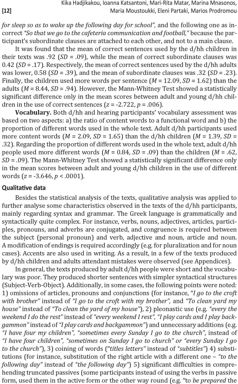 It was found that the mean of correct sentences used by the d/hh children in their texts was.92 (SD =.09), while the mean of correct subordinate clauses was 0.42 (SD =.17).