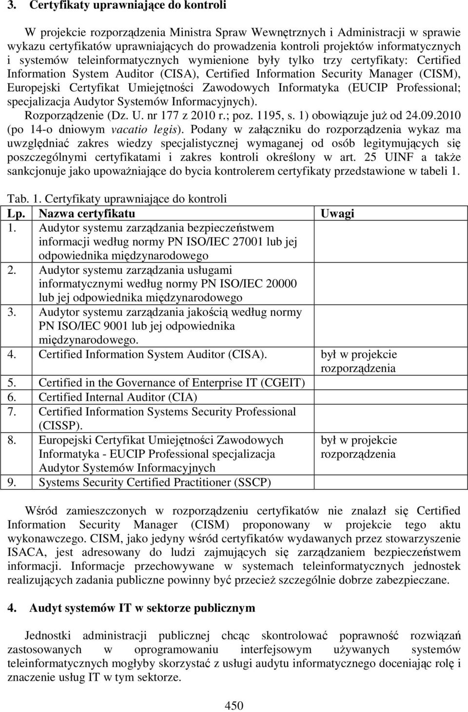 Certyfikat Umiejętności Zawodowych Informatyka (EUCIP Professional; specjalizacja Audytor Systemów Informacyjnych). Rozporządzenie (Dz. U. nr 177 z 2010 r.; poz. 1195, s. 1) obowiązuje juŝ od 24.09.