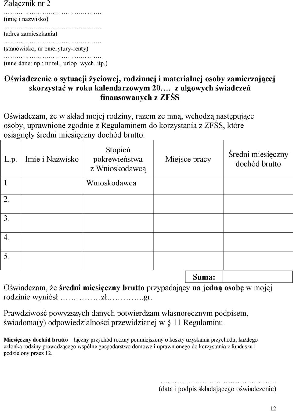 z ulgowych świadczeń finansowanych z ZFŚS Oświadczam, że w skład mojej rodziny, razem ze mną, wchodzą następujące osoby, uprawnione zgodnie z Regulaminem do korzystania z ZFŚS, które osiągnęły średni