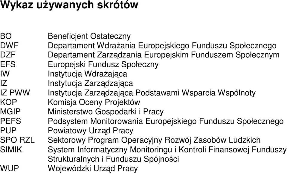 Zarządzająca Podstawami Wsparcia Wspólnoty Komisja Oceny Projektów Ministerstwo Gospodarki i Pracy Podsystem Monitorowania Europejskiego Funduszu Społecznego