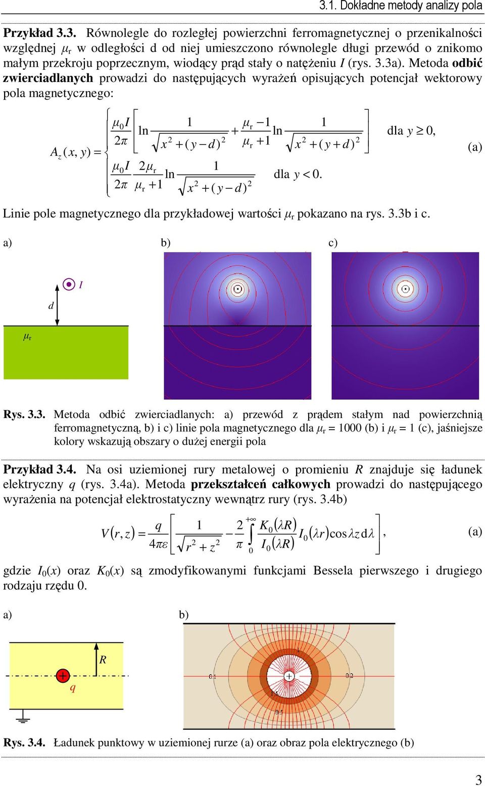 Metoda odbić wierciadlanch prowadi do następującch wraŝeń opisującch potencjał wektorow pola magnetcnego: A µ I µ r ln + ln π + + x ( d) µ r x + ( + d) ( x, ) = µ I µ r ln dla <.