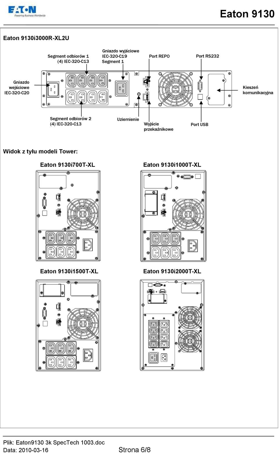 (4) IEC-320-C13 Uziemienie Wyjście przekaźnikowe Port USB Widok z tyłu modeli Tower: Eaton