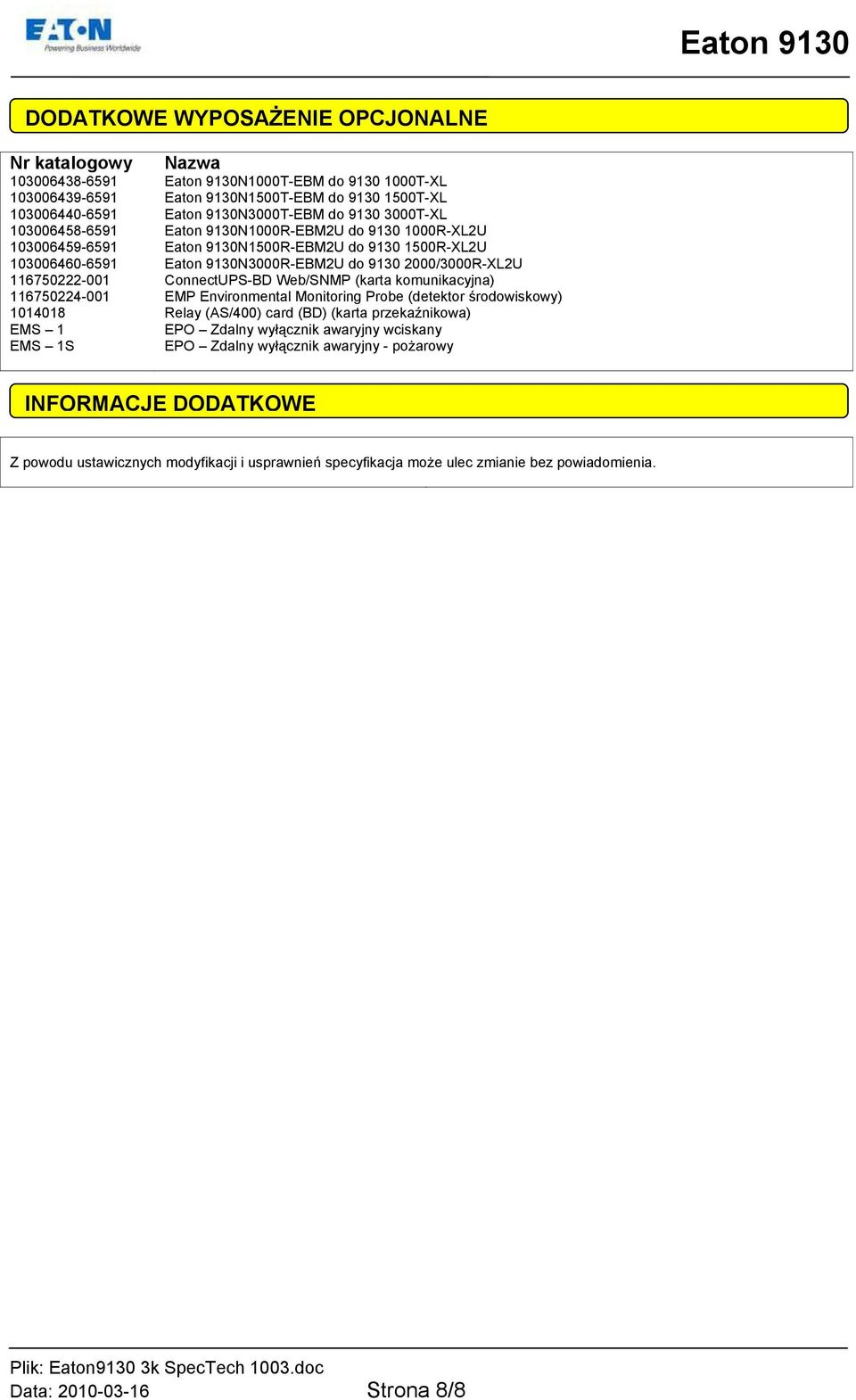 116750222-001 ConnectUPS-BD Web/SNMP (karta komunikacyjna) 116750224-001 EMP Environmental Monitoring Probe (detektor środowiskowy) 1014018 Relay (AS/400) card (BD) (karta przekaźnikowa) EMS 1 EPO