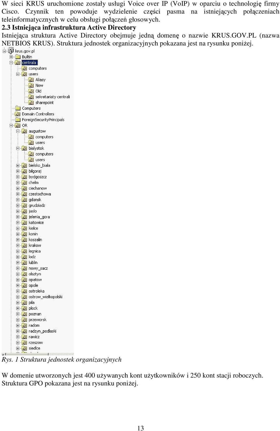 3 Istniejąca infrastruktura Active Directory Istniejąca struktura Active Directory obejmuje jedną domenę o nazwie KRUS.GOV.PL (nazwa NETBIOS KRUS).