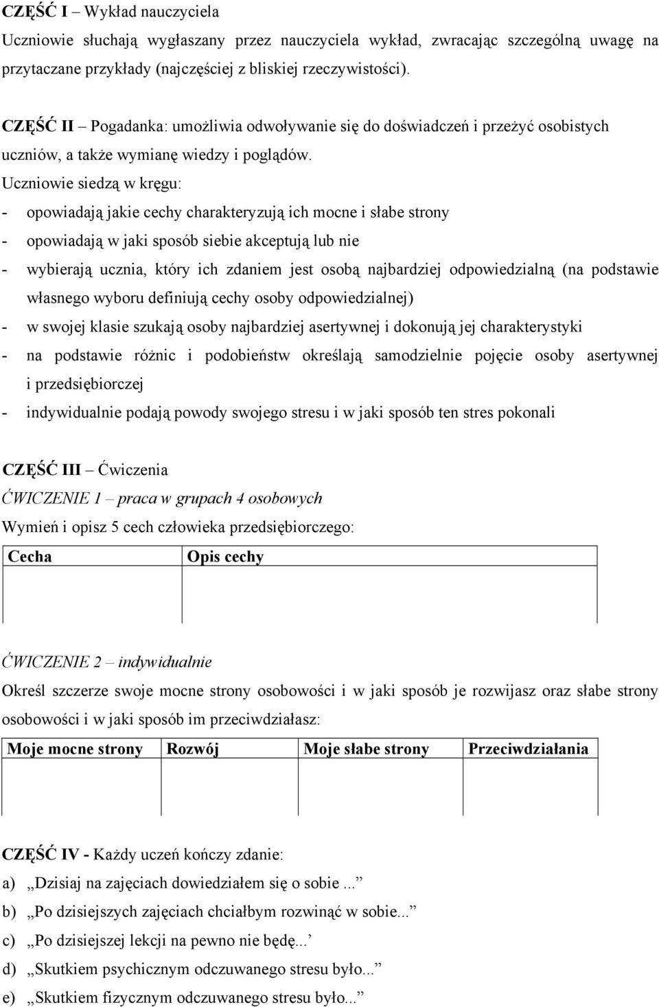 Uczniowie siedzą w kręgu: - opowiadają jakie cechy charakteryzują ich mocne i słabe strony - opowiadają w jaki sposób siebie akceptują lub nie - wybierają ucznia, który ich zdaniem jest osobą