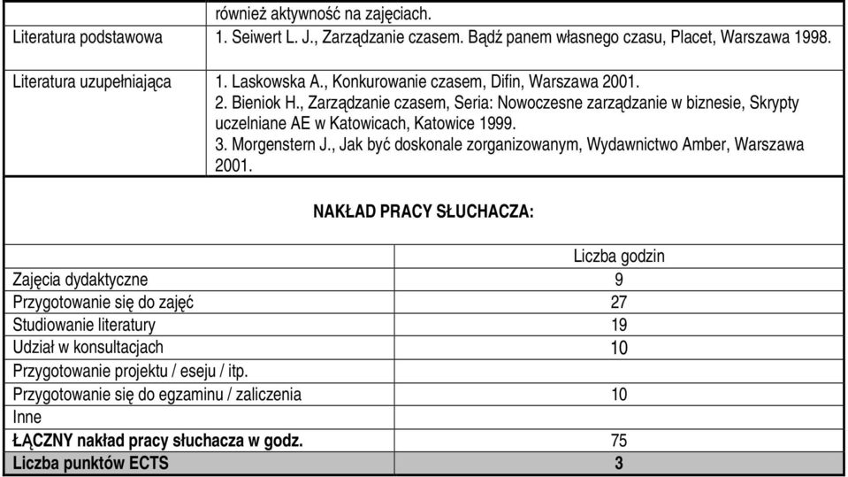 , Zarządzanie czasem, Seria: Nowoczesne zarządzanie w biznesie, Skrypty uczelniane AE w Katowicach, Katowice 1999. 3. Morgenstern J.