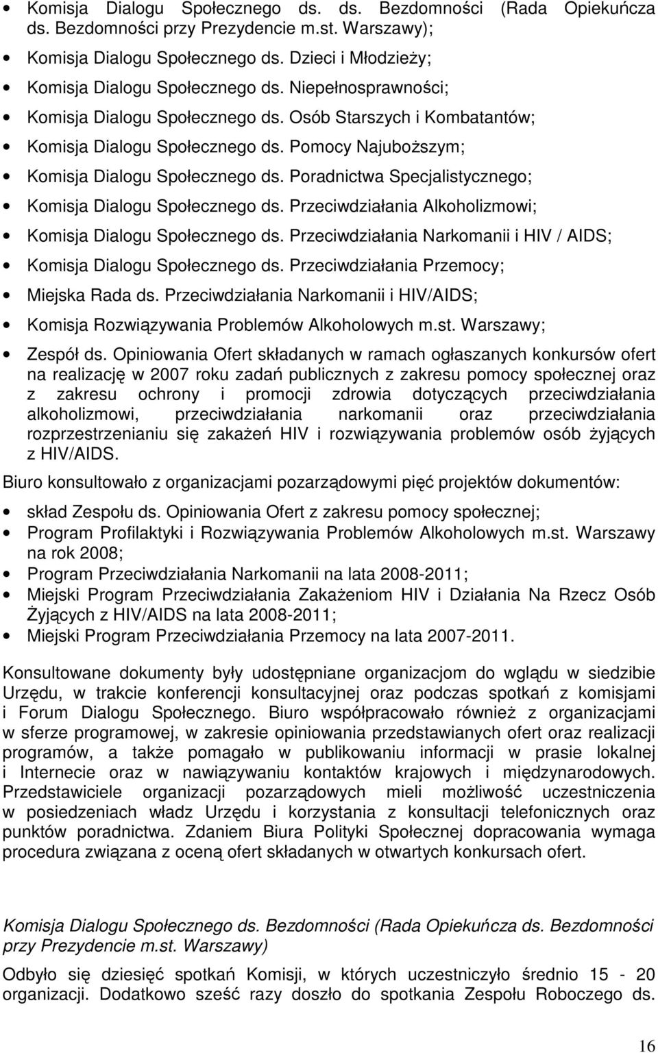 Poradnictwa Specjalistycznego; Komisja Dialogu Społecznego ds. Przeciwdziałania Alkoholizmowi; Komisja Dialogu Społecznego ds. Przeciwdziałania Narkomanii i HIV / AIDS; Komisja Dialogu Społecznego ds.