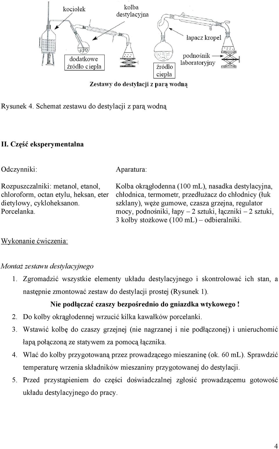 paratura: Kolba okrągłodenna (100 ml), nasadka destylacyjna, chłodnica, termometr, przedłużacz do chłodnicy (łuk szklany), węże gumowe, czasza grzejna, regulator mocy, podnośniki, łapy 2 sztuki,