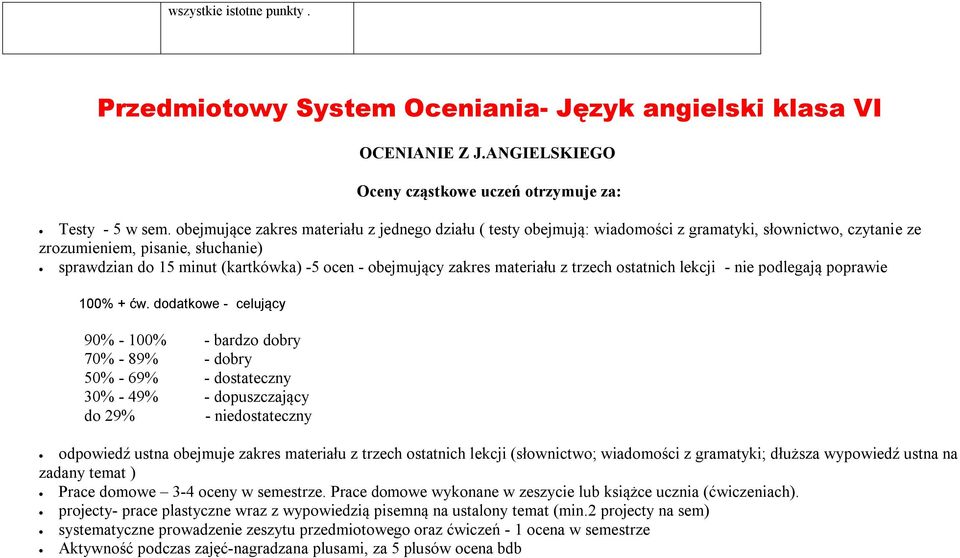 obejmujący zakres materiału z trzech ostatnich lekcji - nie podlegają poprawie 100% + ćw.