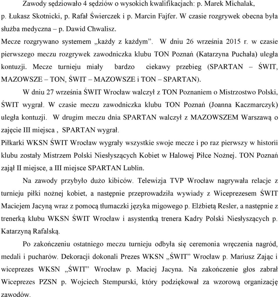 Mecze turnieju miały bardzo ciekawy przebieg (SPARTAN ŚWIT, MAZOWSZE TON, ŚWIT MAZOWSZE i TON SPARTAN). W dniu 27 września ŚWIT Wrocław walczył z TON Poznaniem o Mistrzostwo Polski, ŚWIT wygrał.