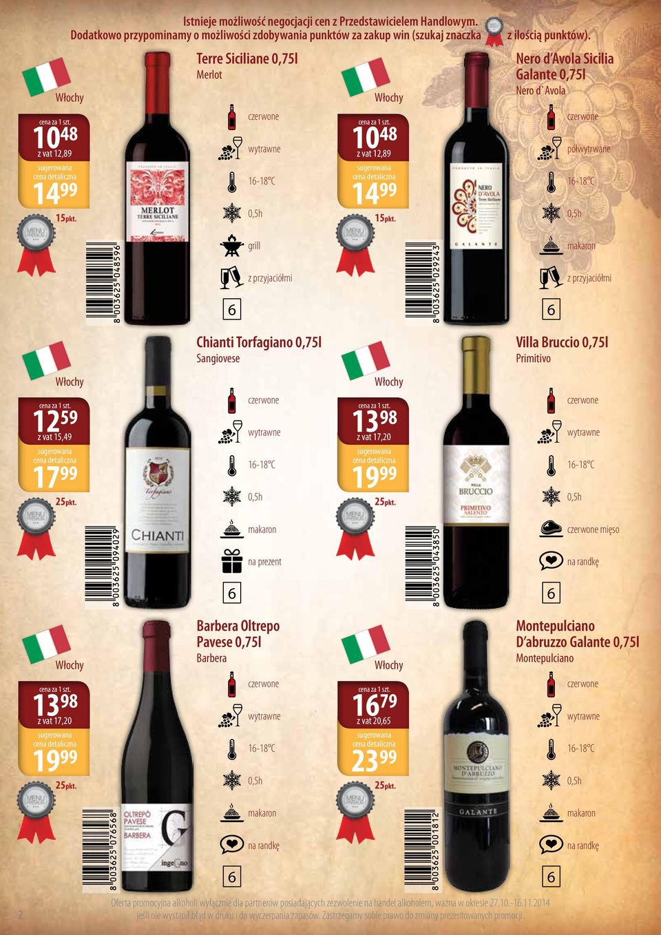 Bruccio 0,75l Primitivo 59 z vat 15,49 13 98 z vat 17,20 17 99 1-18 C 19 99 1-18 C mięso Barbera Oltrepo Pavese 0,75l Barbera Montepulciano D