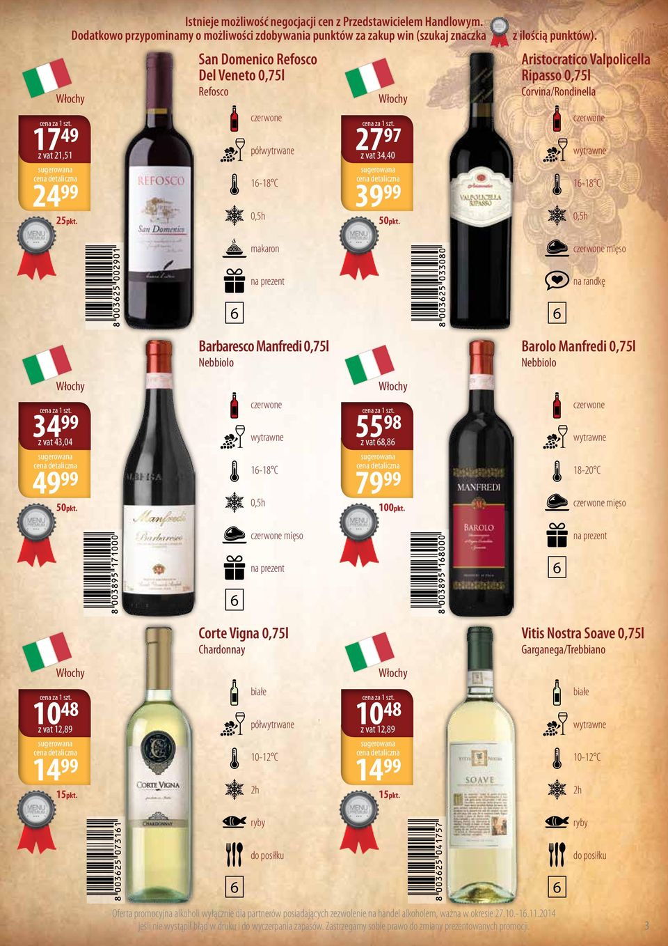 Corvina/Rondinella 1-18 C mięso Barbaresco Manfredi 0,75l Nebbiolo Barolo Manfredi 0,75l Nebbiolo 34 99 z vat 43,04 55 98 z vat 8,8 49 99 1-18 C 79 99