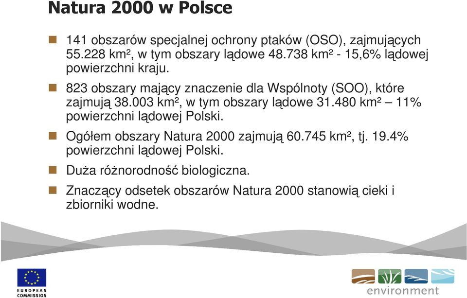 003 km², w tym obszary lądowe 31.480 km² 11% powierzchni lądowej Polski. Ogółem obszary Natura 2000 zajmują 60.