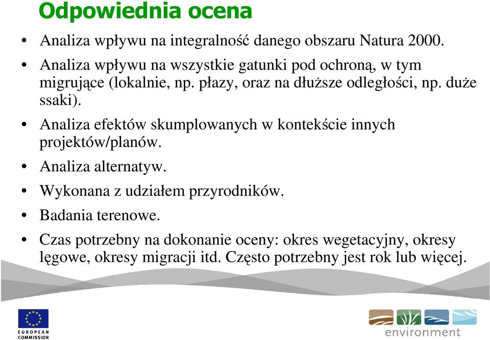 duŝe ssaki). Analiza efektów skumplowanych w kontekście innych projektów/planów. Analiza alternatyw.