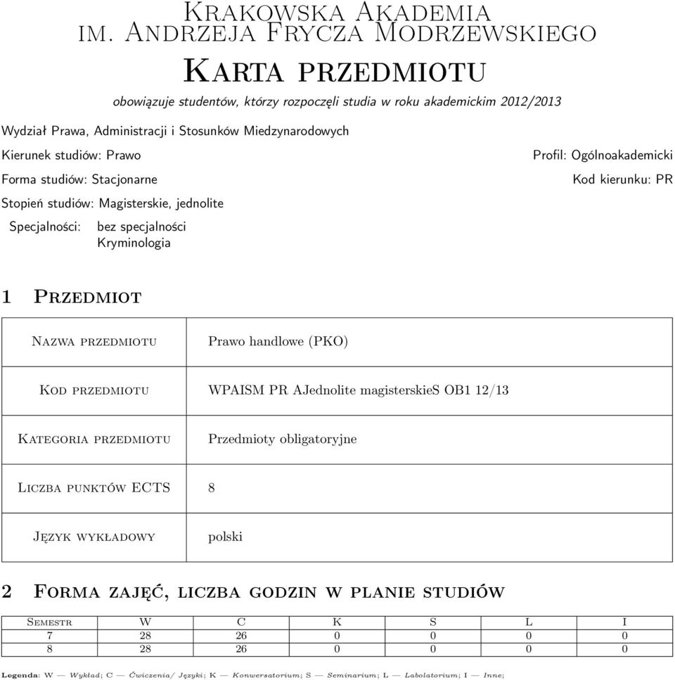 studiów: Prawo Forma studiów: Stacjonarne Stopień studiów: Magisterskie, jednolite Specjalności: bez specjalności Kryminologia Profil: Ogólnoakademicki Kod kierunku: PR 1 Przedmiot Nazwa