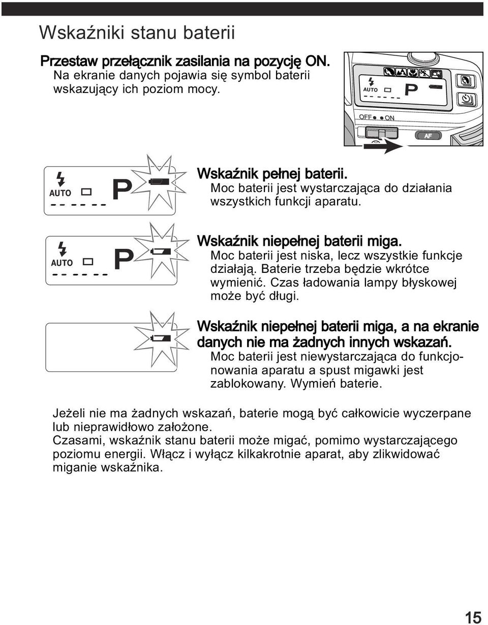 Baterie trzeba bêdzie wkrótce wymieniæ. Czas ³adowania lampy b³yskowej mo e byæ d³ugi. WskaŸnik niepe³nej baterii miga, a na ekranie danych nie ma adnych innych wskazañ.