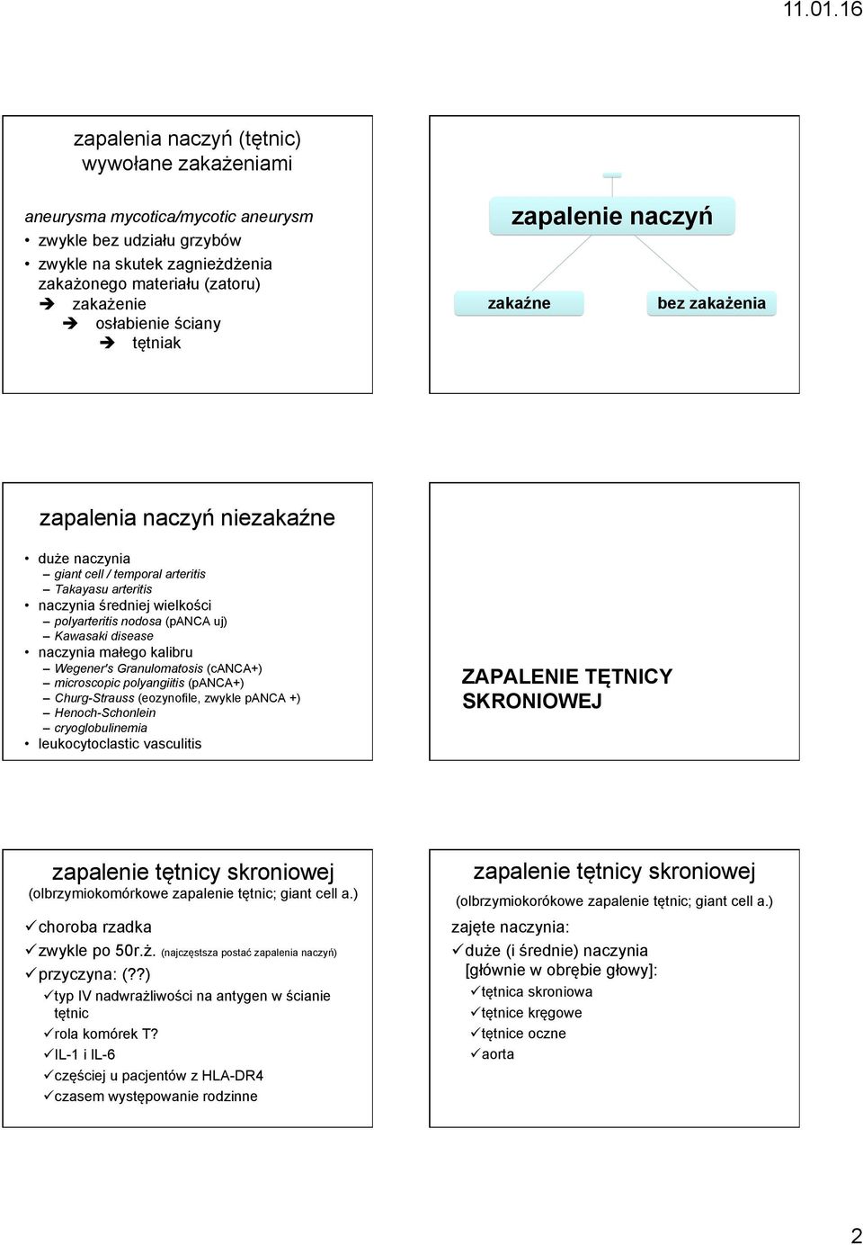 (panca uj) Kawasaki disease naczynia małego kalibru Wegener's Granulomatosis (canca+) microscopic polyangiitis (panca+) Churg-Strauss (eozynofile, zwykle panca +) Henoch-Schonlein cryoglobulinemia