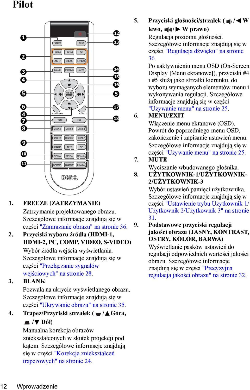 Szczegółowe informacje znajdują się w części "Ukrywanie obrazu" na stronie 35. 4. Trapez/Przyciski strzałek ( / Góra, / Dół) Manualna korekcja obrazów zniekształconych w skutek projekcji pod kątem.