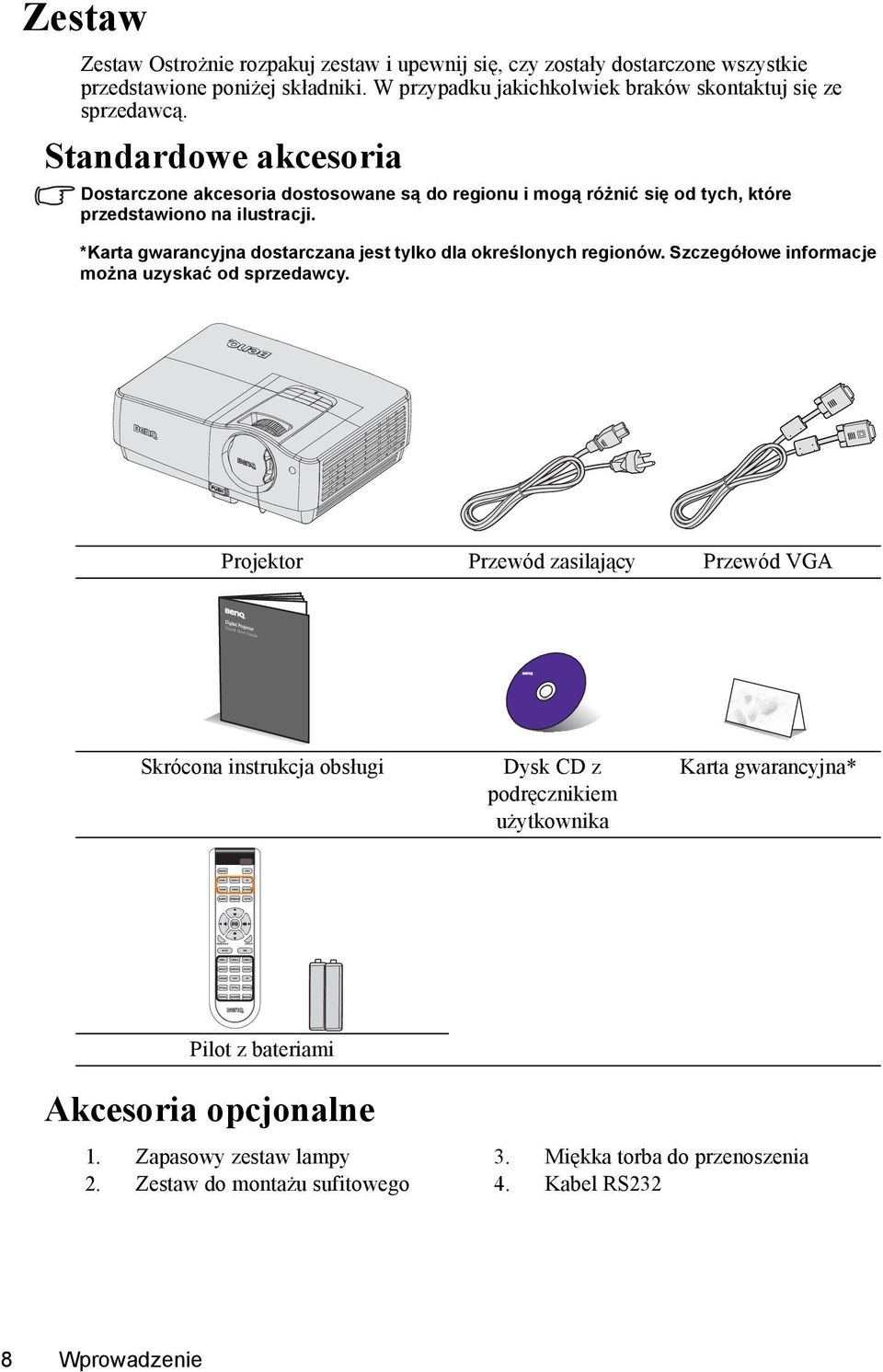 Standardowe akcesoria Dostarczone akcesoria dostosowane są do regionu i mogą różnić się od tych, które przedstawiono na ilustracji.