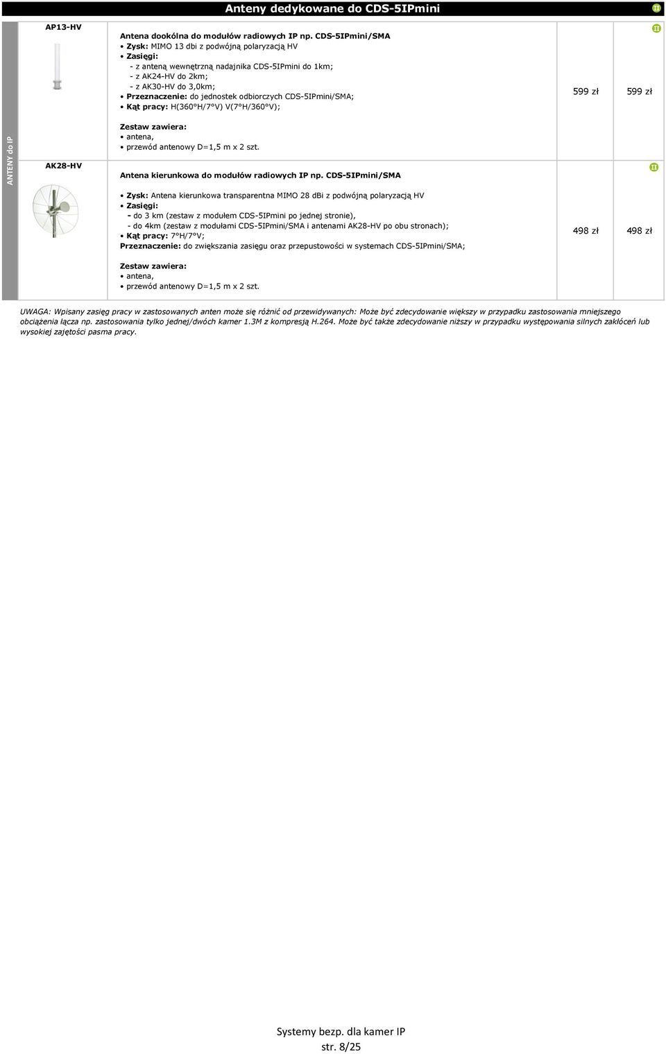 odbiorczych CDS-5IPmini/SMA; Kąt pracy: H(360 H/7 V) V(7 H/360 V); 599 zł 599 zł ANTENY do IP AK28-HV Zestaw zawiera: antena, przewód antenowy D=1,5 m x 2 szt.