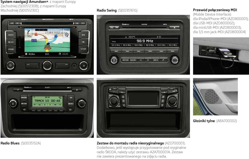 dla 3,5 mm jack-mdi (AZO800004) Głośniki tylne: (ABA700002) Radio Blues: (5J0035152A) Zestaw do montażu radia nieoryginalnego (AZO700001).