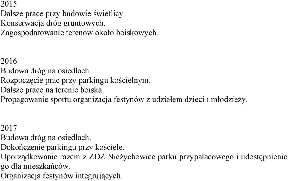 Propagowanie sportu organizacja festynów z udziałem dzieci i młodzieży. 2017 Budowa dróg na osiedlach.