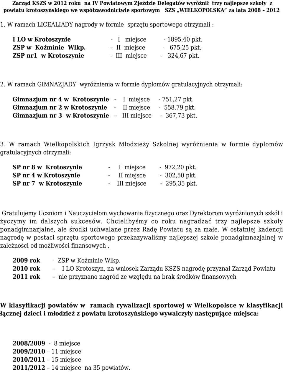 ZSP nr1 w Krotoszynie - III miejsce - 324,67 pkt. 2. W ramach GIMNAZJADY wyróżnienia w formie dyplomów gratulacyjnych otrzymali: Gimnazjum nr 4 w Krotoszynie - I miejsce - 751,27 pkt.