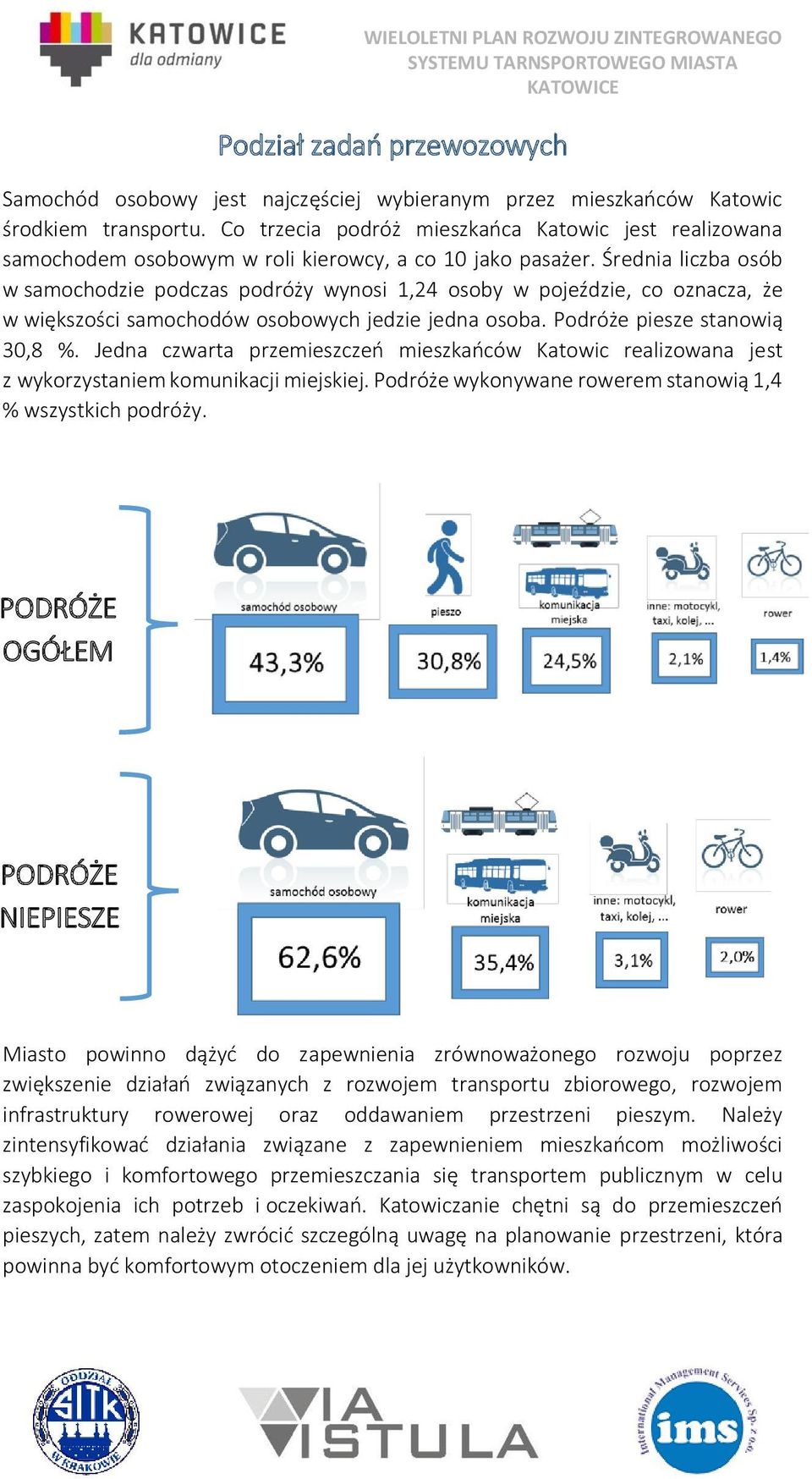 Średnia liczba osób w samochodzie podczas podróży wynosi 1,24 osoby w pojeździe, co oznacza, że w większości samochodów osobowych jedzie jedna osoba. Podróże piesze stanowią 30,8 %.