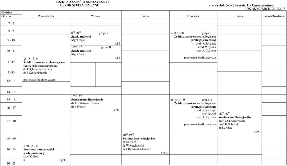 Zyzman 16 17 17 18 18 19 19.00-20.30 Podstawy numizmatyki średniowiecznej prof. Z.Piech 15 00-16 30 licencjackie dr J.