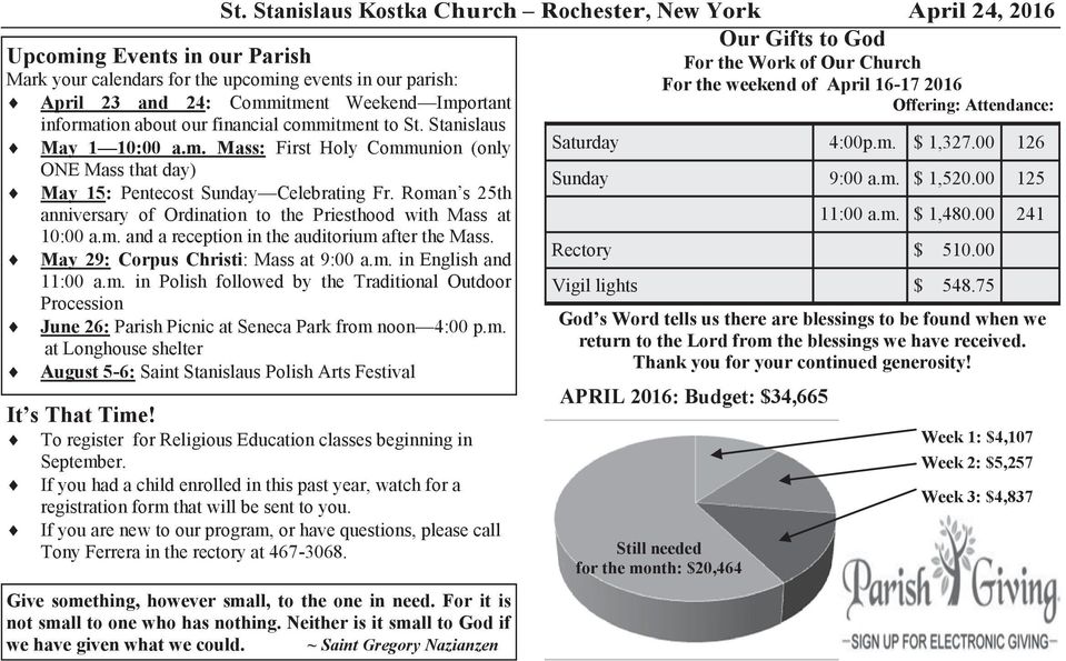 Roman s 25th anniversary of Ordination to the Priesthood with Mass at 10:00 a.m. and a reception in the auditorium after the Mass. May 29: Corpus Christi: Mass at 9:00 a.m. in English and 11:00 a.m. in Polish followed by the Traditional Outdoor Procession June 26: Parish Picnic at Seneca Park from noon 4:00 p.