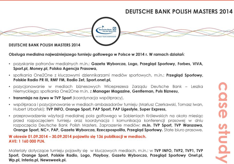 : Przegląd Sportowy, Polskie Radio PR III, RMF FM, Radio Zet, Sport.onet.pl, pozycjonowanie w mediach biznesowych Wiceprezesa Zarządu Deutsche Bank Leszka Niemyckiego; spotkania One2One m.in.