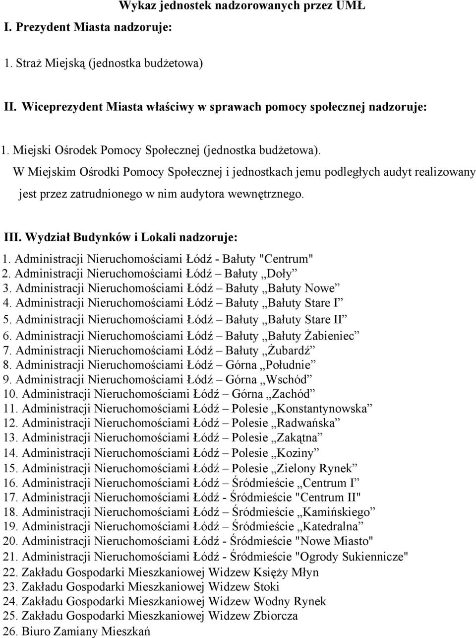 Wydział Budynków i Lokali nadzoruje: 1. Administracji Nieruchomościami Łódź - Bałuty "Centrum" 2. Administracji Nieruchomościami Łódź Bałuty Doły 3.