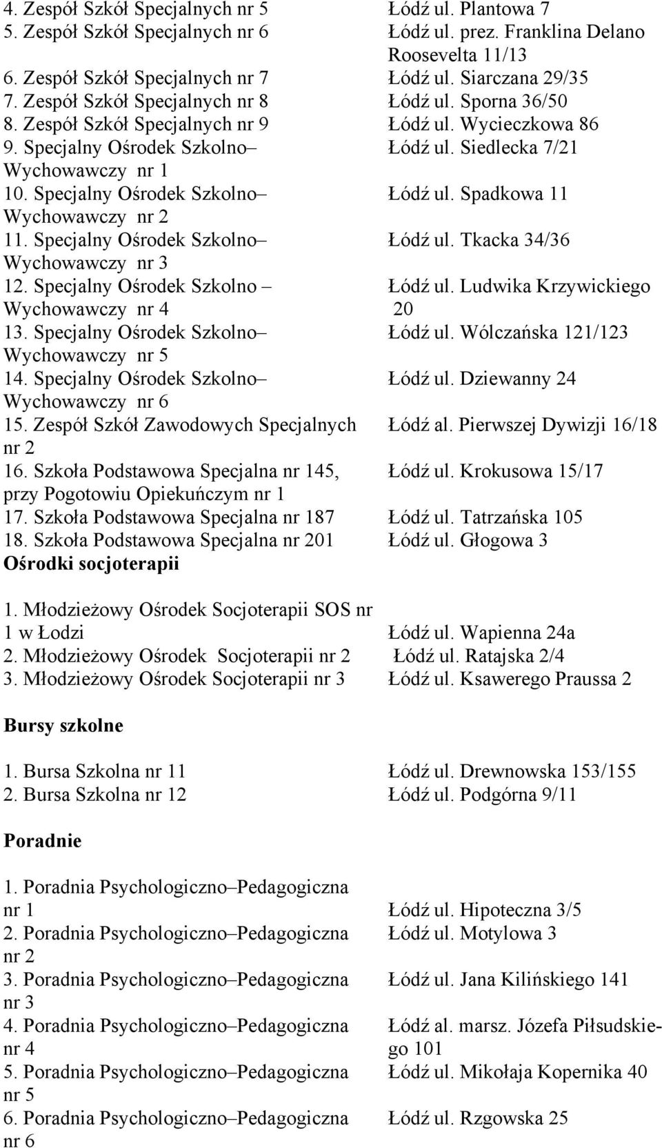 Specjalny Ośrodek Szkolno Łódź ul. Spadkowa 11 Wychowawczy nr 2 11. Specjalny Ośrodek Szkolno Łódź ul. Tkacka 34/36 Wychowawczy nr 3 12. Specjalny Ośrodek Szkolno Łódź ul. Ludwika Krzywickiego Wychowawczy nr 4 20 13.