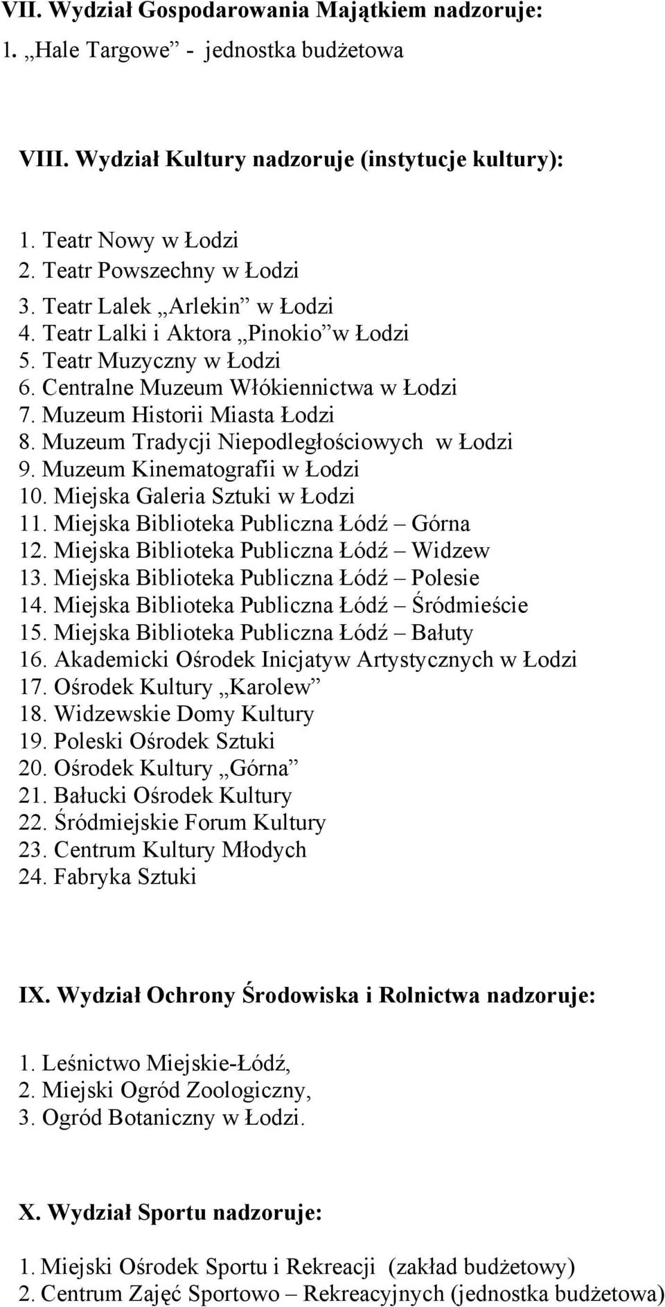 Muzeum Tradycji Niepodległościowych w Łodzi 9. Muzeum Kinematografii w Łodzi 10. Miejska Galeria Sztuki w Łodzi 11. Miejska Biblioteka Publiczna Łódź Górna 12.